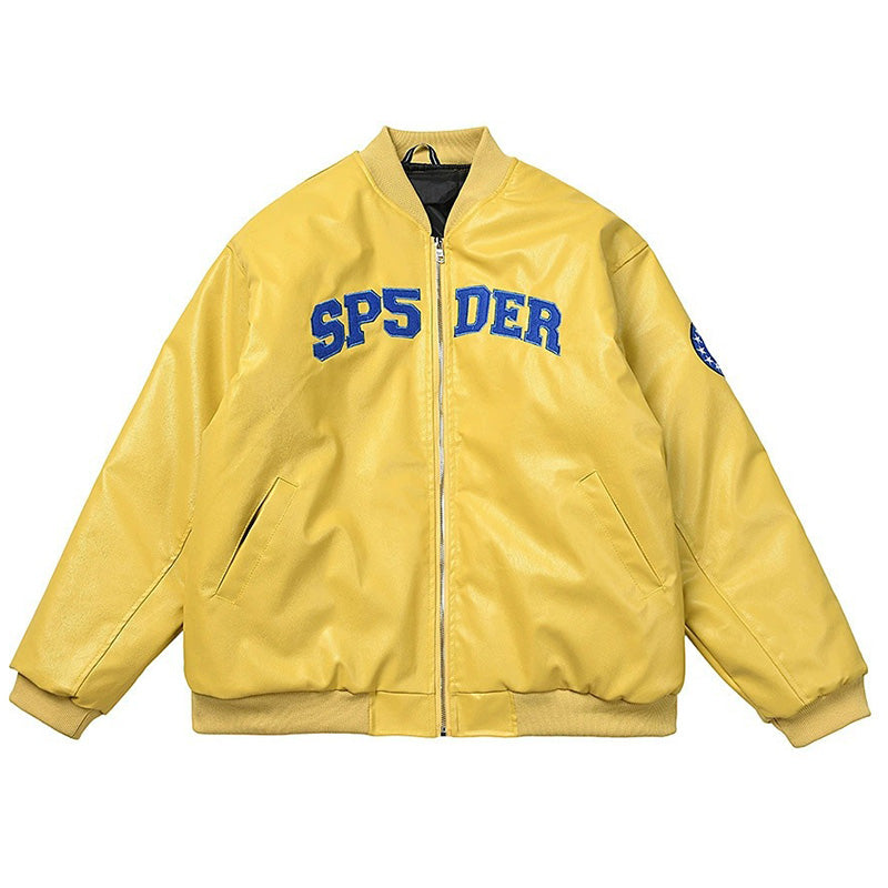 Sp5der Leather Logo Bomber Jacket Yellow