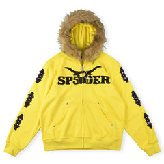 Sp5der Fur Hooded Full Zip Hoodie Sweatshirt Yellow