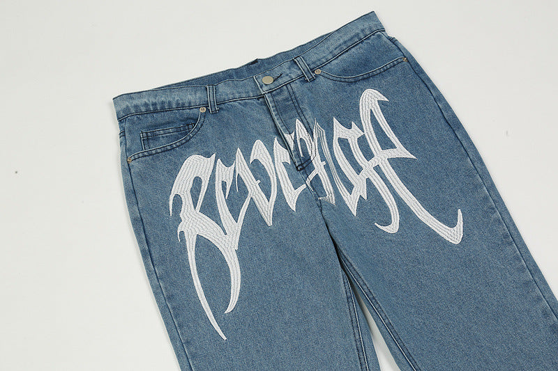 Revenge Embroidered Logo Trousers Mid Rise Jeans